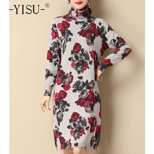 YISU Winter Women Dresses Turtleneck Knitted Rose Printing pullover Dress Long sleeve Warm Casual Female Thick Jumper Dresses