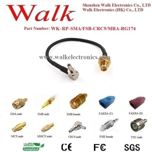 WIFI cable antenna, 4g LTE antenna cable jumper: RP-SMA female straight to CRC9 male right angle with rg174 cable
