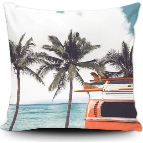 Throw Pillow Covers Vintage Tropical Palm Beach Seaside a Surfboard Decor Pillowcases 18 x 18 Inch Square Cushion Case for Car