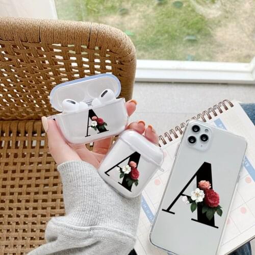 Floral Black Initial alphabet Letters Clear TPU Cover For AirPod 1 2 Case Charging Box For AirPods Pro 3 Case Protective Flowers