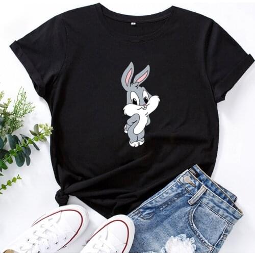 Cute Rabbit Cartoon Pattern T Shirt Femme Cotton Short Sleeve O-neck Camisetas Feminina Black White Personalized T-shirt Women