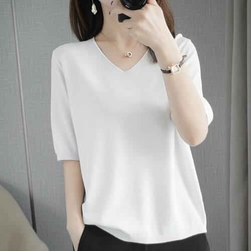 T-shirt women 2021 pure cotton ladies blouse oversized casual V-neck knitted pullover short sleeves plus size solid color tees