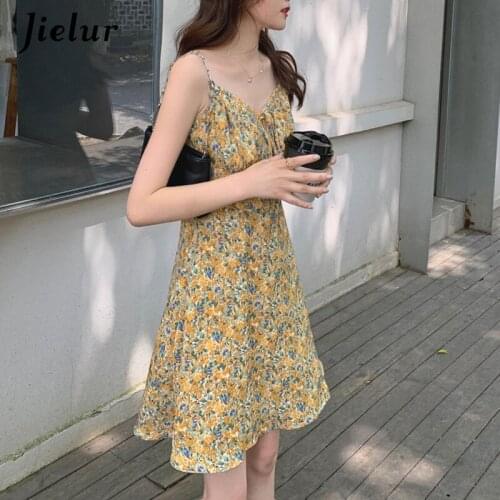 Jielur Yellow Floral Dress Female V-neck Sleeveless Retro Vestido Spaghetti Strap Dress 2021 New Summer Mini Dresses Casual S-L