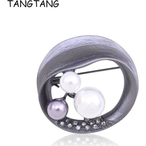 TANGTANG Classic Brooch For Women Oval Shape Pearl Brooches Pins Black/White/Gold Plated For Choose Fashion New Brooch And Pin