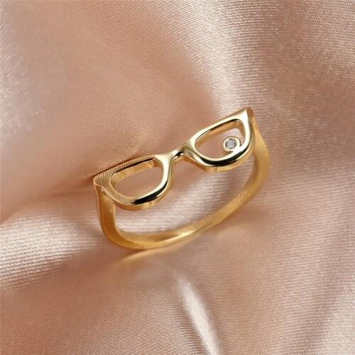 Cute Male Female Hollow Glasses Ring Charm Gold Color Wedding Rings For Women Men Bride Crystal Engagement Ring