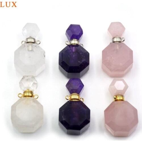 Natural gems hexagon shape Perfume Bottle Pendant Rose quartzs Amethysts Essential Oil Diffuser Crystal vial for Necklace