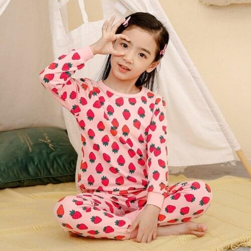 New Fashion Cartoon Strawberry Pajama Suits for Baby Girls Pink Homewears For Children Teenager Cozy Clothing Sets for 2-14 Year