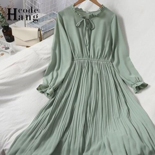 HangCode Long Sleeve Solid Shirt Dress 2021 Spring Autumn Korean Bow Neck Pleated Dress Women Casual A-line Midi Dress Vestidos