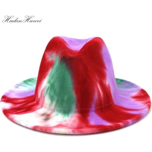 New Fashion European American Fall Winter Men Women Woolen Fedora Hat Flat Wide Brim Tie-dye Jazz Panama Hat
