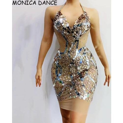 Women Sexy Flashing Rhinestones Sequin V-neck Transparent Dress Birthday Celebrate Outfit Dress Bar Prom Women Dancer Dress