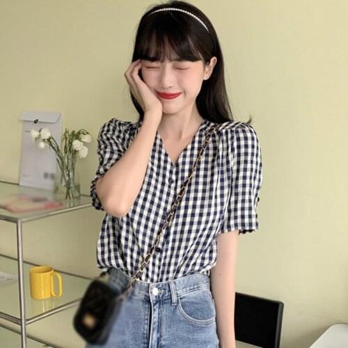 V-neck Leisure Summer Retro Hong Kong Flavor Plaid Blouse Loose Button Short Sleeves Shirt