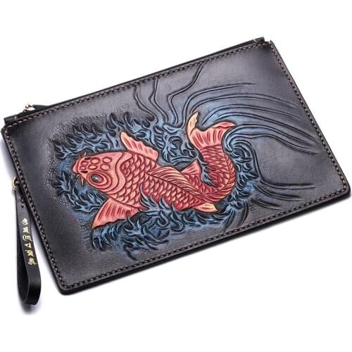 Handmade Women Men Vegetable Tanned Leather Carvings Fish Bag Money Holder Clutch Purse Pocket Man Clutches Envelope