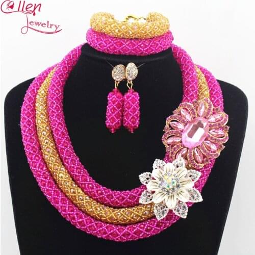 Nigerian Wedding bridal jewelry sets flower Necklace African Beads Jewelry Set Handmade Bridal Necklace Bracelet Earrings N0018