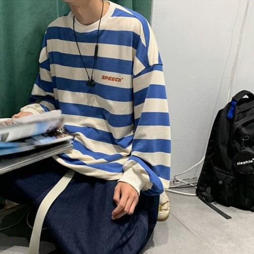 Loose Striped T Shirt Fashion Men Oversized T-Shirt Casual Korean Style Tops Streetwear Fashion Autumn Long Sleeve Shirts Males