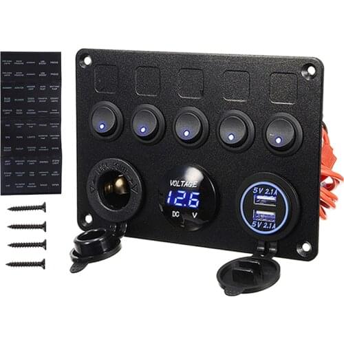 Mayitr 1pc Universal LED 5 Rocker Switch USB Voltmeter Power Socket Panel Waterproof For 12V 24V Yacht Caravan Truck Marine Boat