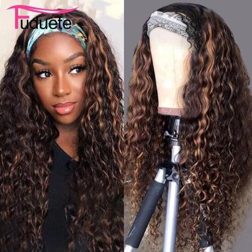Curly Wigs 4/27 Ombre Headband Wig Human Hair Malaysian Remy Hair Wig Full Machine Glueless Human Hair Wigs Fuduete