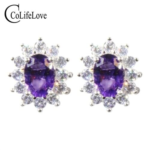 CoLife Jewelry 925 Silver Amethyst Stud Earrings 5*7mm VVS Amethyst Silver Earrings Solid Silver Amethyst Jewelry