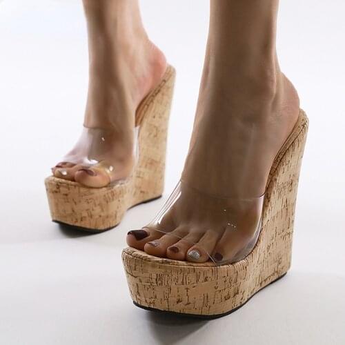 UVRCOS Summer Concise Clear PVC Transparent Peep Toe Platform Wedges Slippers Sandals Women Fashion High Heels Female Shoes