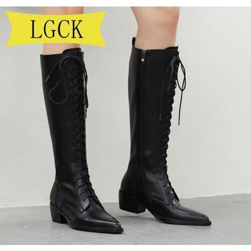 Plus Size 34-39 Fashion Women Cross Strap Genuine Leather Boots Autumn Winter Knee High Boots Ladies Thick Sole Botas Mujer