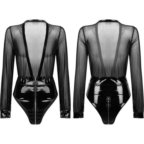 Women Plunging Deep V Neck Bodysuit See Through Sheer Wet Look Patent Leather Patchwork Lingerie Long Sleeves Leotard Catsuit