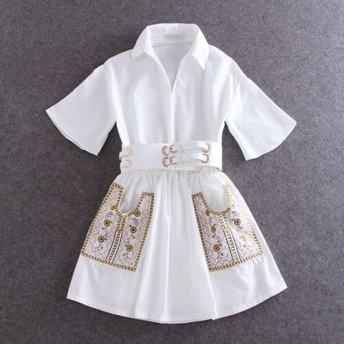 In stock 2021 Summer Autumn Fashion Women Turn-down Collar Embroidery Floral Pockets Shirt Dress With Belt Mini Dresses