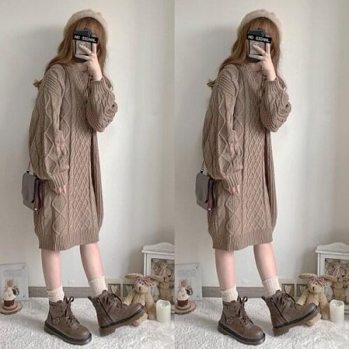 Japanese Style Casual Tender Girl Woman Loose Hooded Long Sleeve Dress Knitted Casual Hoodie Winter Autumn One Piece