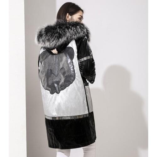 2020 Winter Panda Pattern Natural Fur Parka Women Causal Coat Raccoon Fur Hooded and Rabbit Fur Lining