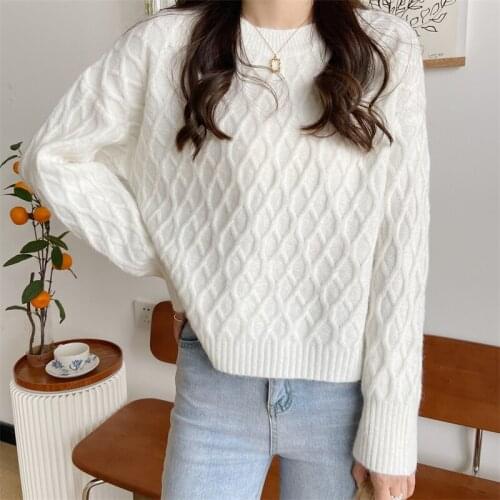 ZJZLL Autumn and Winter Warm Classic Rhombus Korean Style Outer Wear Round Neck Lazy Style Loose Knitted Sweater Top for Women