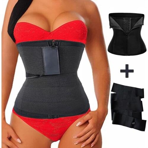YAGIMI 2 Pcs Set Sweat Belt Waist Trainer Slim Body Shaper Underbust Corset Women Lose Weight Neoprene Tummy Shapewear Fajas