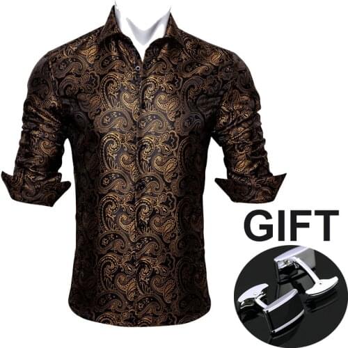 Black Glod Paisley Floral Silk Shirt For Men Casul Shirt Fashion Designer Full Casual Square Collar Smart Satin Regular