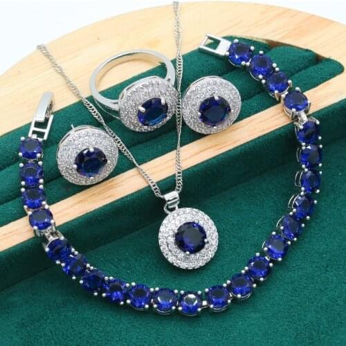 Dubai Round Blue Zircon Silver Color Bride Jewelry Set for Women Wedding Bracelet Earrings Necklace Pendant Ring Christmas Gift