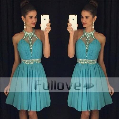 Graceful Short Crystal Prom dresses 2019 Halter Neck Sheer Beaded Formal Prom Party Dress Gowns Vestidos De Fiesta Galajurken