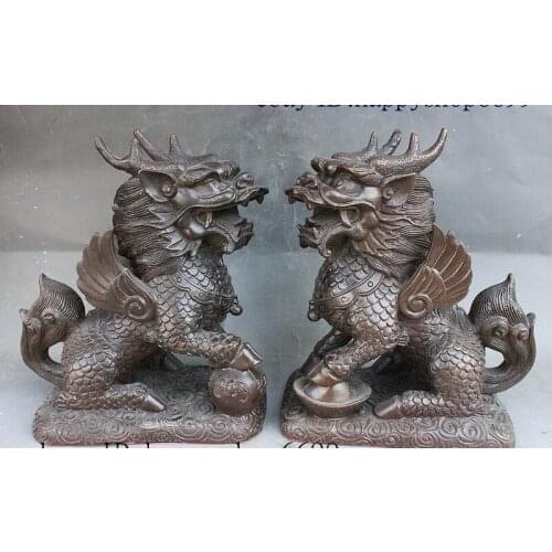 China Dynasty Palace Bronze Fengshui Wealth Kylin Chi-lin Qilin Statue Pair Set