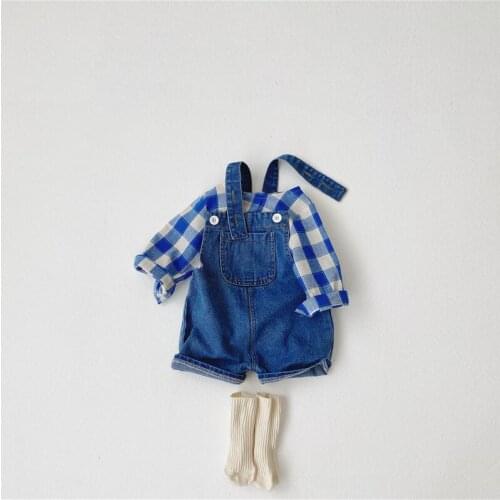 2021 summer new baby clothes set boys plaid shirt and denim overall 2 pcs boys suit