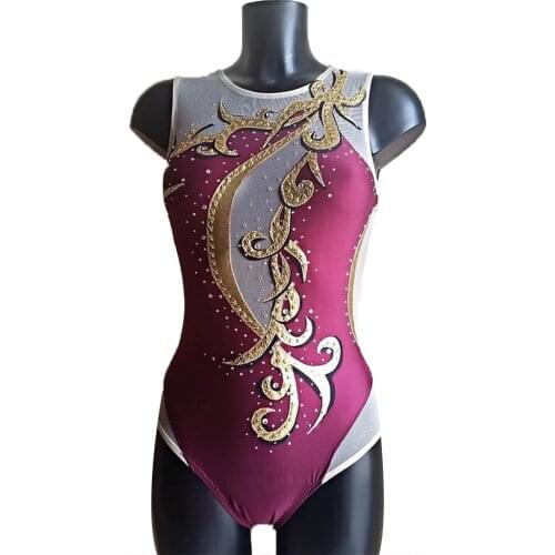 LIUHUO Rhythmic Gymnastics Leotards Girls Synchronized Swimming Suits Wine Red Swimwear Stretchy Competition Unitards for Women