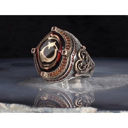 Crescent Amber Stone Silver Men 'S Ring