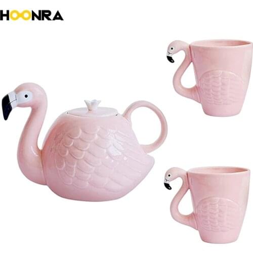 HOONRA Creative Flamingo Teapot Set Ceramic Teapot With Handle Cute Animal Mark Cup Pink Porcelain Tea Pot Teaware Drinking Tool