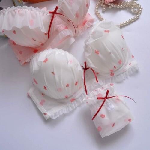 Brand New Thin Japanese Sexy Lace Bra Set, Comfortable White Pink Print Ladies Cute Gather Bra and Panty Set