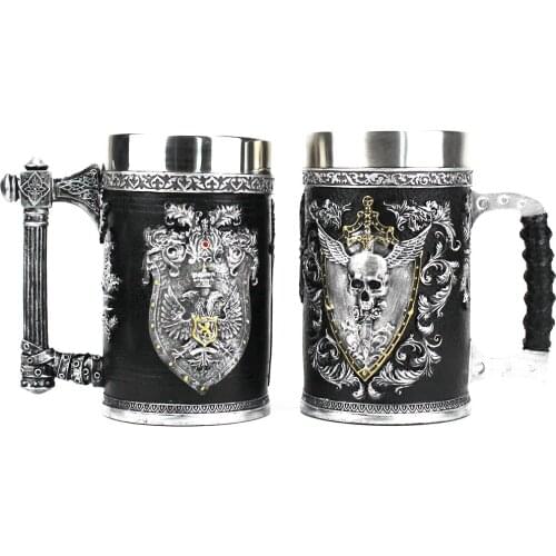 Winged Sword And Shield Skull Crest Beer mug Double Headed Eagle Crest Axe Handle Tankard Stainless Steel Tumbler Beer Cup