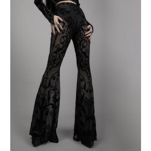 See Through Gothic Mesh Summer Flare Pants Grunge Punk High Waist Black Women Sexy Trousers Floral Scratched Clothes