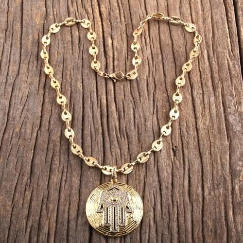 RH Fashion Bohemian Jewelry Links Chain Big Micro Zircon Pave Hamsa Hand Pendant Necklaces Women Boho Necklace Gift