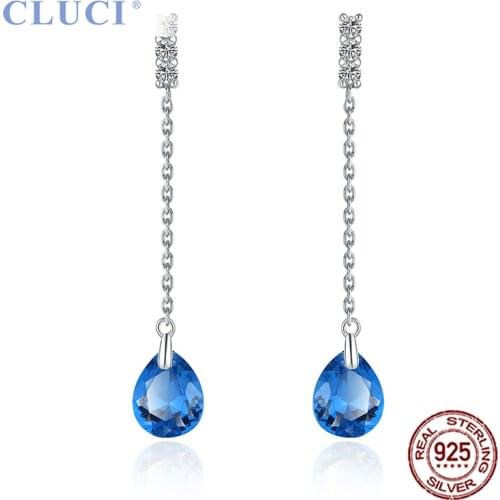 CLUCI Authentic 925 Sterling Silver Blue Earrings for Women Wedding Engagement Formal Occasion Jewelry DE012SB