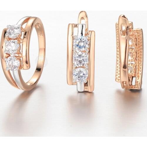 Earrings Ring Set for Women Girls 9mm 585 Rose White Gold Clear Cubic Zircon Engagement Wedding Jewelry Sets LGS296