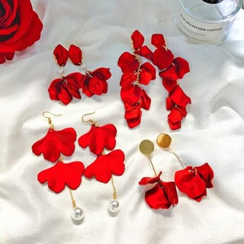 European style Red Petals exaggerated Big Long Drop Earrings for show wedding party delicate elegant fashion jewelry Earrings