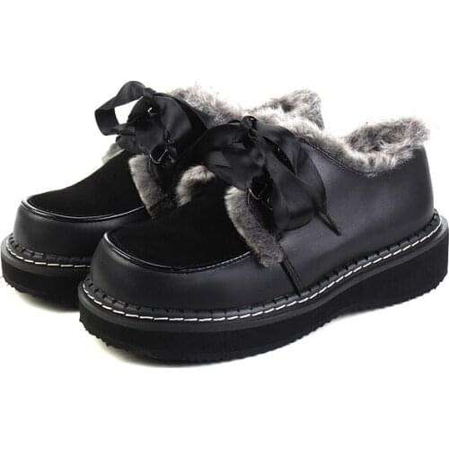 Japanese Cute Winter Plus Velvet Girls Shoes Lolita PU College Style Female Shoes Round Head Kawaii Thick Bottom England Shoes