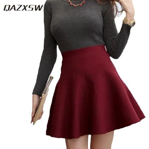 QAZXSW Spring Summer Casual Sexy Women Mini Skirt High Waisted Flared Pleated Jersey Plain Short Knitted Elastic Skirt YX166