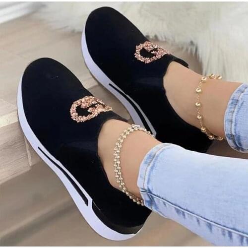 New Women Sneakers Flock Slip On Rhinestone Female Flats Shoes Elastic Band Woman Loafers Plus Size Shoes Solid Spring Concise