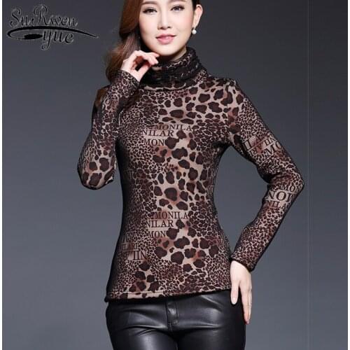 Women long sleeve shirts blusas mujer de moda2021 womens tops and blouses womens clothing ladies tops Turtleneck Leopard 7721 50