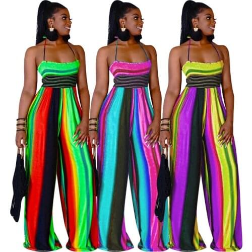 Women Jumpsuit Stripe Printed Sleeveless Halter Backless Loose Wide Leg Sexy Clubwear Summer Rompers Playsuit Outfits Plus Size