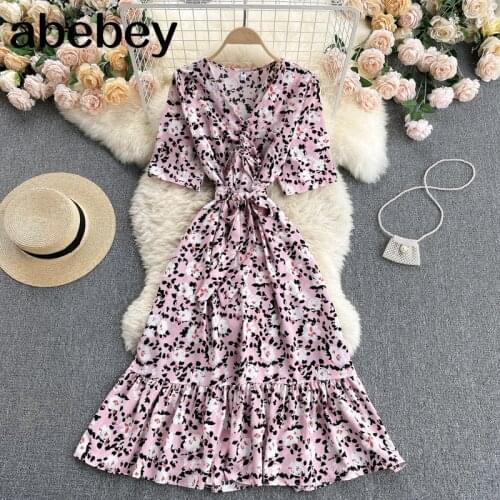 Women Retro Floral Dress Korean Puff Sleeve V Neck A-line Dresses Summer Bohemian Print Casual Vacation Long Dress